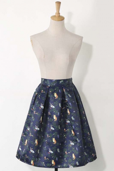 Fashion Animal Print Elastic Waist Zip-Back Midi Skater Skirt