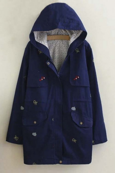 Fashion Embroidered Detail Long Sleeve Zipper Up Hooded Long Coat