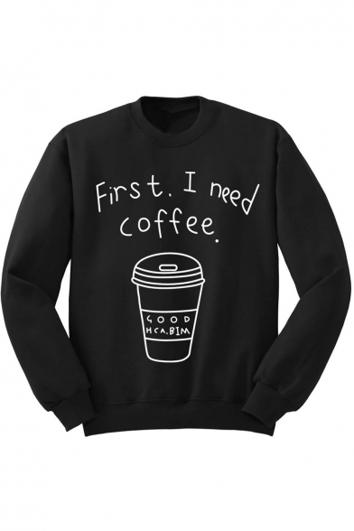 Letter Cup Print Round Neck Long Sleeve Pullover Sweatshirt