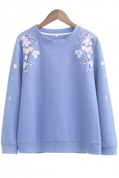 New Arrival Floral Embroidered Long Sleeve Pullover Sweatshirt