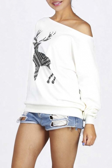 New Arrival Sexy Off the Shoulder Deer Print Long Sleeve Sweatshirt