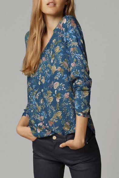 Relaxed V Neck Long Sleeve Floral Print Dip Trim Button Down