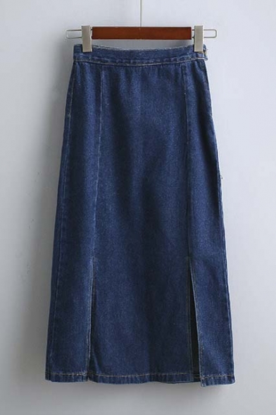 Fall New Split Front High Waist Midi Denim Skirt