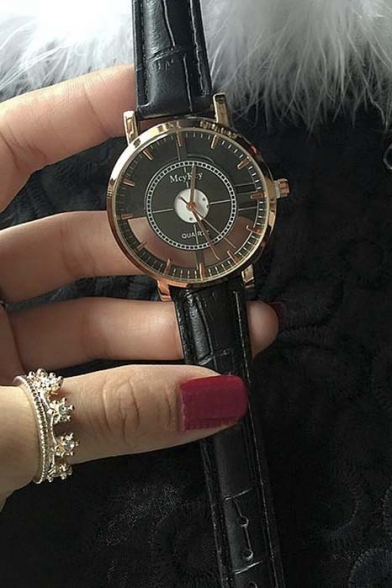 Fashion Women's See Through Dial Leather Band Quartz Watch