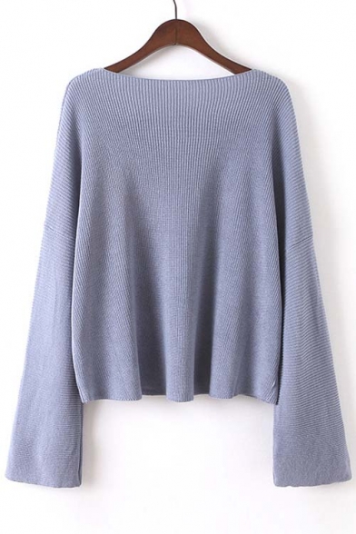 Trendy Boat Neck Bell Long Sleeve Plain Pattern Sweater - Beautifulhalo.com