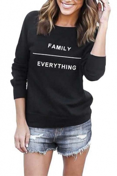 FAMILY EVERYTHING Print Round Neck Long Sleeve Pullover Sweatshirt
