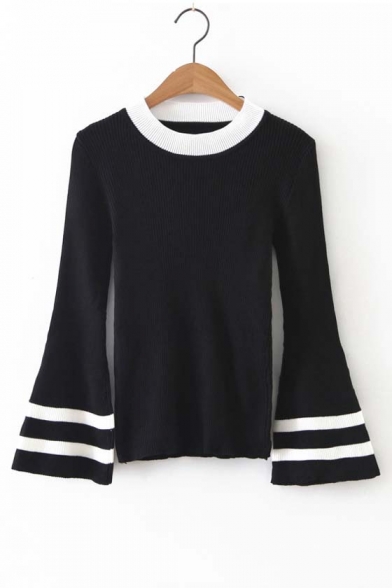 Fashion Contrast Neck Striped Cuffs Bell Long Sleeve Plain Sweater