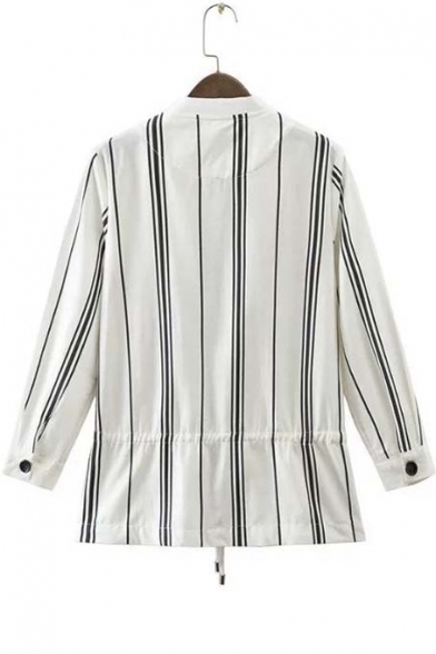 Vertical Striped Tied Waist Zipper Placket Stand-Up Collar Blouse with Two Pockets