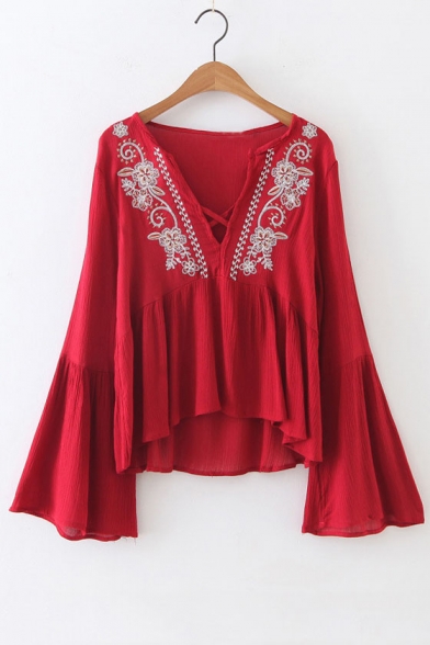 Sexy Plunge Neck Bell Long Sleeve Embroidery Floral High Low Trim Blouse