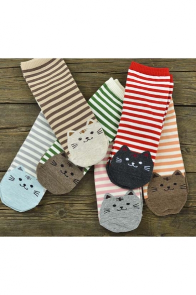 Women's Cute Cartoon Cat Pattern Striped Socks