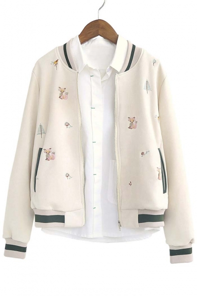 Fall New Fashion Fox Embroidered Stripe Trim Baseball Jacket