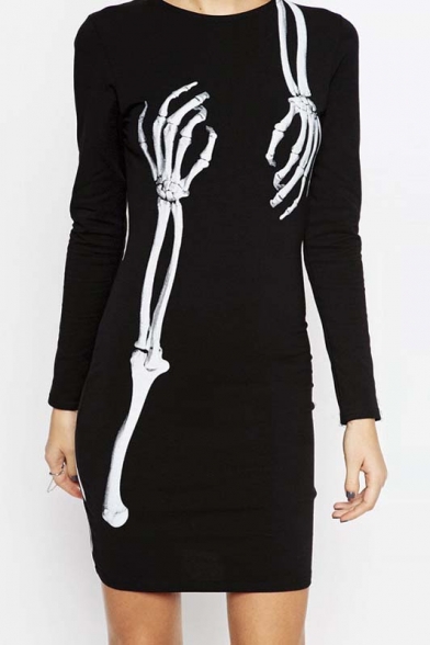 Spring Street Skeleton Skull Printed Round Neck Long Sleeve Punk Bodycon Dress