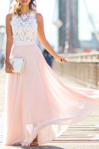 Fashion Sleeveless Lace Chiffon Maxi A-Line Dress Elegant Party Dress
