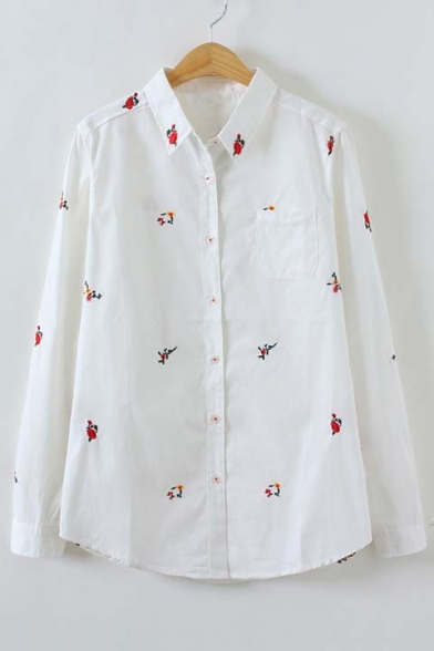 Lapel Embroidery Floral Print Single Breasted Long Sleeve Shirt