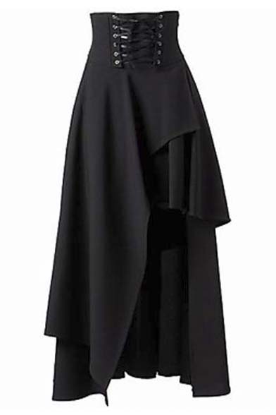 Stylish Lace Up Waist Black Asymmetric Skirt