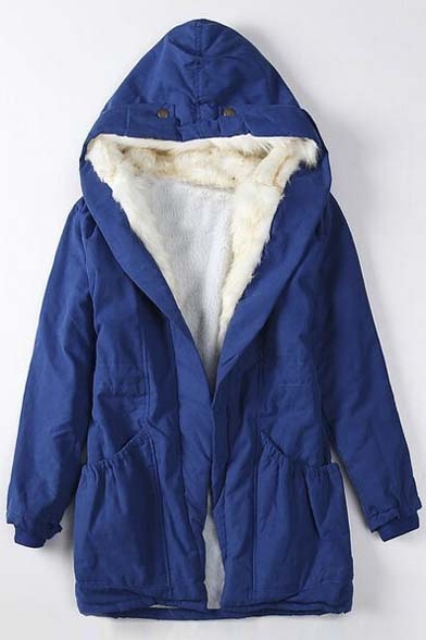 Winter Fleece-Lined Drawstring Waist Hooded Coat with Pocket