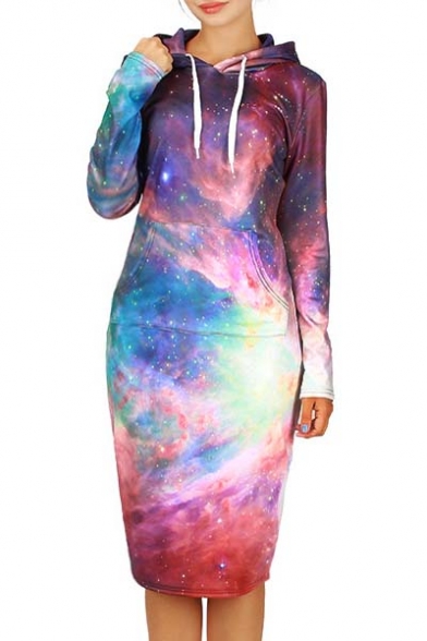 Fall Winter Trendy Galaxy Digital Print Long Sleeve Hooded Sheath Midi Dress