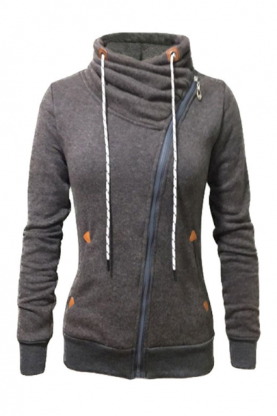 Trendy Stand Collar Oblique Zipper Long Sleeve Sweatshirt Coat