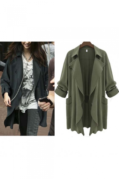 Fashion Notched Lapel Long Sleeve Open Front Coat