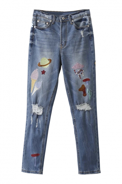 Mid Waist Embroidery Pattern Light Wash Ripped Jeans