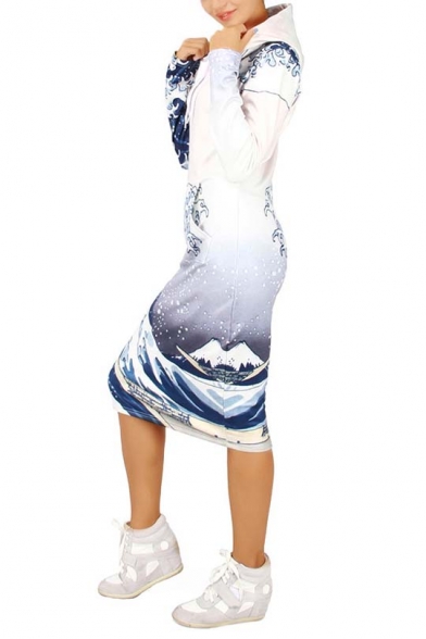 New Arrival Chic Wave Print Long Sleeve Hooded Midi Dress