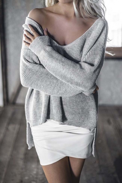 Sexy Loose V-Neck High Low Trim Long Sleeve Sweater