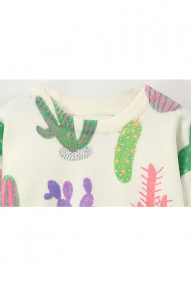 Autumn Trendy Cactus Round Neck Long Sleeve Cropped Sweater