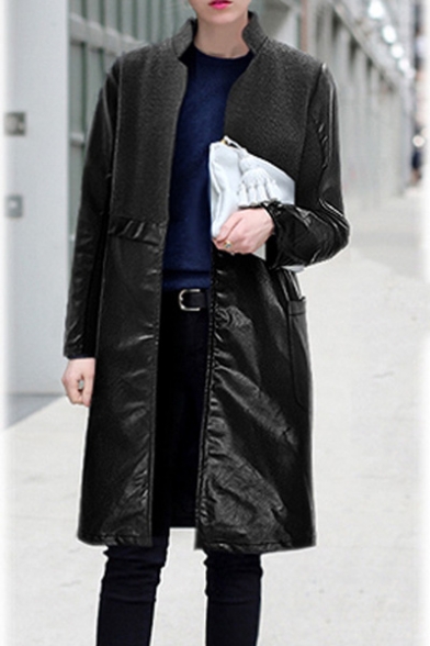 Oversized Stand-Up Collar Long Sleeve Open- Front Panel Woolen Overcoat