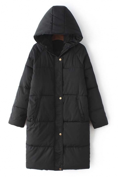 Black Quilted Hooded Zipper Front Long Padded Coat