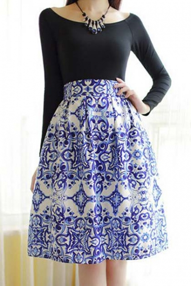Blue and White Porcelain Print Zip-Back A-Line Skirt