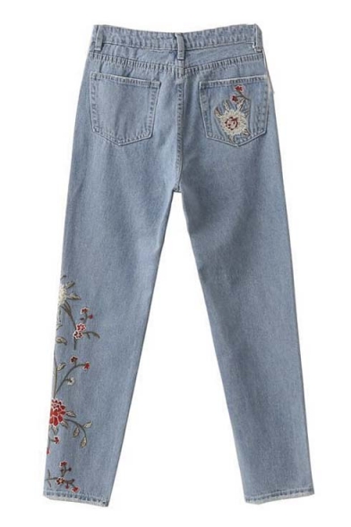 Trendy Embroidery Floral Ripped Cuffs Mid Waist Jeans - Beautifulhalo.com