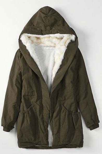 Winter Fleece-Lined Drawstring Waist Hooded Coat with Pocket ...