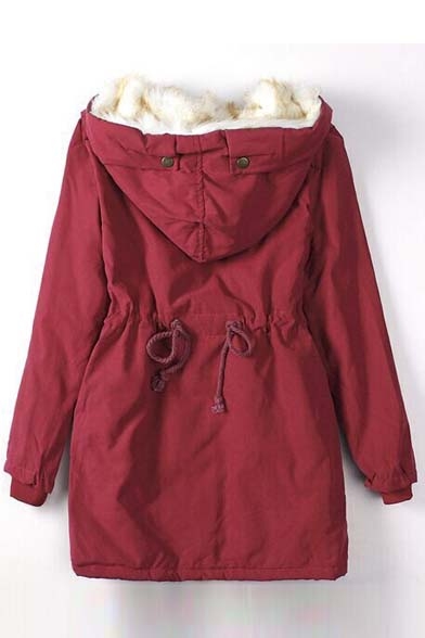 Winter Fleece-Lined Drawstring Waist Hooded Coat with Pocket
