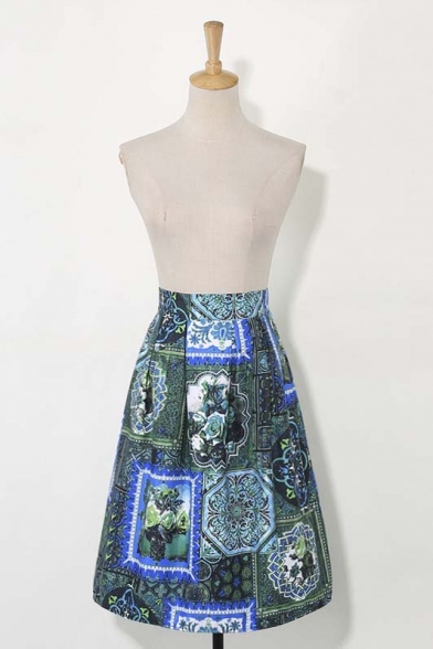 Women's Retro Style Floral Print Zip-Back Midi Skater Skirt