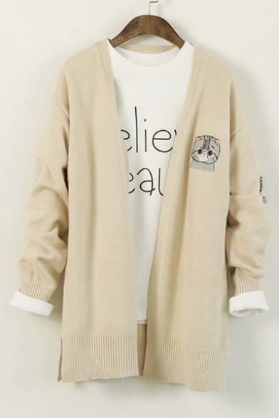 Trendy Cute Cat Embroidered Long Sleeve Open-Front Cardigan