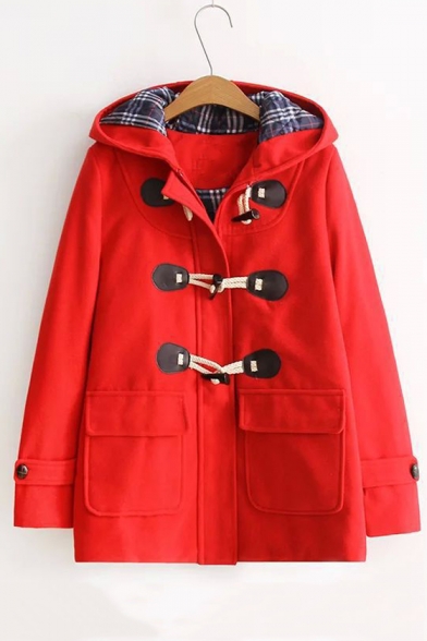 Fall Winter Hooded Neck Toggle Single Breasted Long Sleeve Coat with Double Pockets