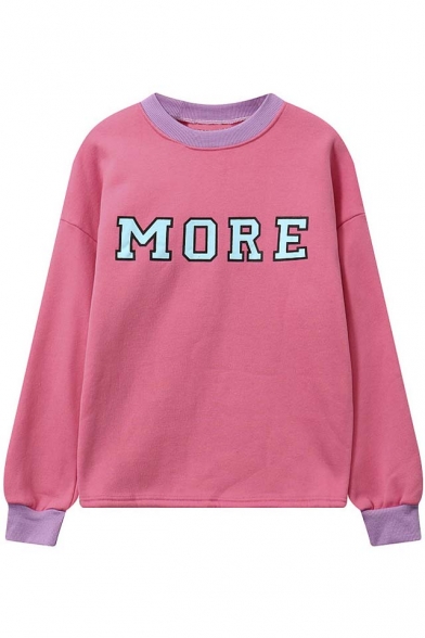 Loose MORE Letter Print Contrast Trim Elastic Cuffs Long Sleeve Pullover Sweatshirt