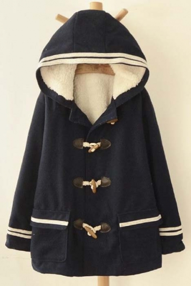 Preppy Style Hooded Toggle Single Breasted Striped Cuffs Long Sleeve Coat
