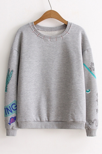 Stylish Print Long Sleeve Round Neck Pullover Sweatshirt