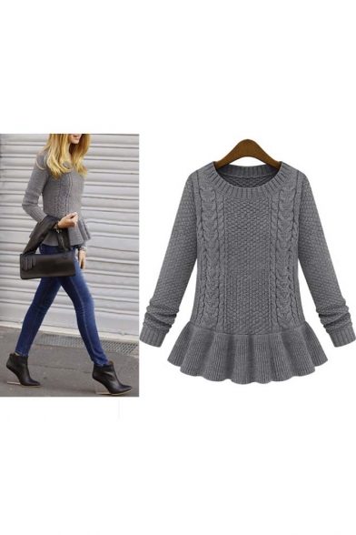 Women's Fashion Ruffle Hem Round Neck Long Sleeve Pullover Sweater