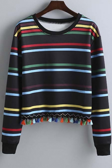 Autumn Fashion Tassel Hem Striped Pullover Cropped  Sweatshirt