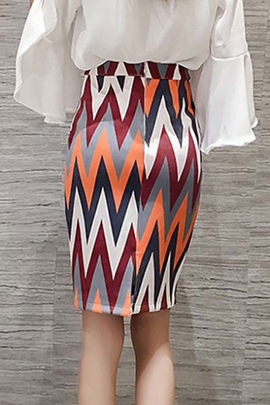 Wave Color Block Print Zip-Back Bodycon Skirt