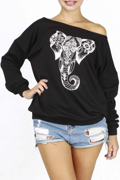 Black Hip Hop Style Elephant Print Long Sleeve Fleece Sweatshirt