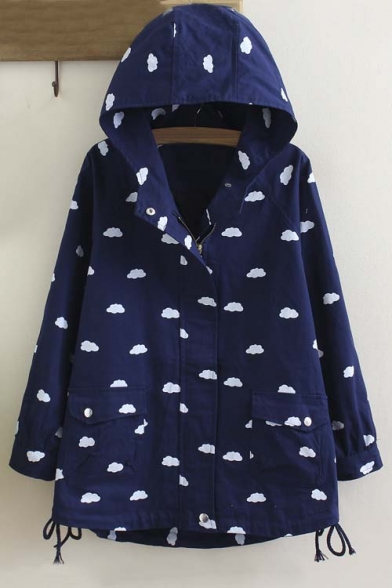Cute Cloud Pint Zip Up Long Sleeve Hooded Coat with Pockets