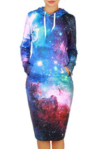 Fashion Hoodie Neck Long Sleeve Galaxy Print Pencil Sweatshirt Dress
