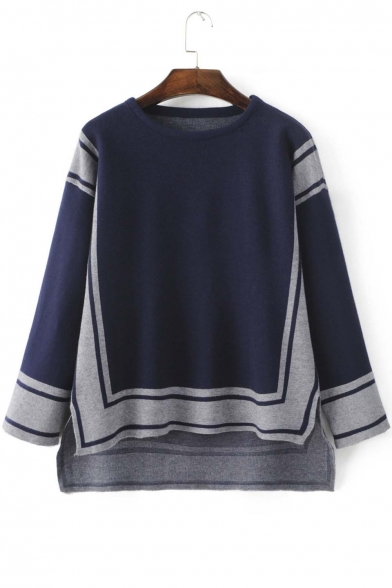 High Low Trim Color Block Split Side Long Sleeve Pullover Sweater
