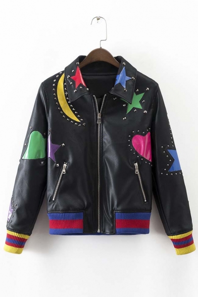 Studded Stars and Moon Applique Lapel Long Sleeve Contrast Elastic Trim Leather Jacket