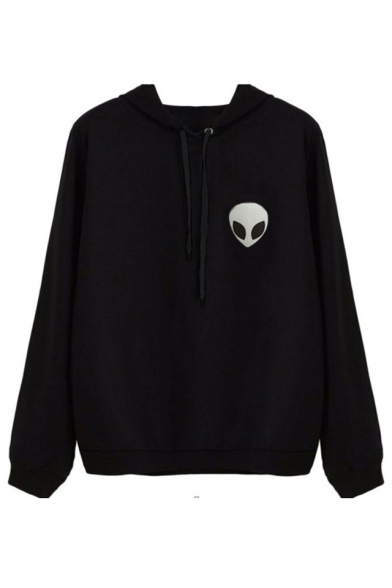 Trendy Alien Embroidered Drawstring Hooded Sweatshirt