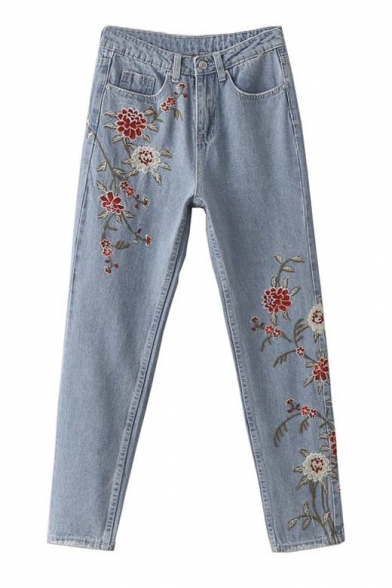 Trendy Embroidery Floral Ripped Cuffs Mid Waist Jeans
