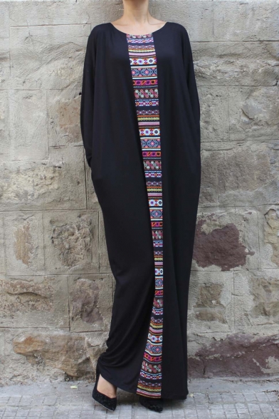 Aztec Print Batwing Long Sleeve Round Neck Maxi T-Shirt Dress